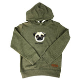 Voorbeeld van een pophond applicatie op een groen hoodie voor kinderen