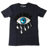 Copy of Paillette Oog XXL Strijk Patch Met Zilverkleurige Tranen En Blauwe Iris op een donkerblauw t-shirtje