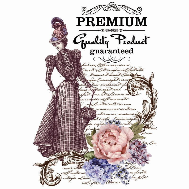 Applicatie van een vintage lady met parasol en een bloementak op een achtergrond van schuin geschreven tekst