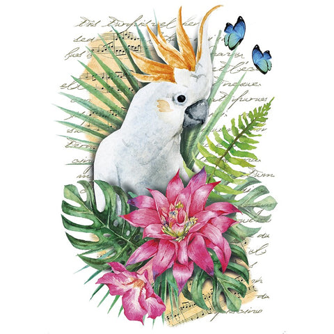 Strijk applicatie van een witte kaketoe met oranje kuif in een tropische omgeving met groene bladeren gekleurde bloemen en blauwe vlinders