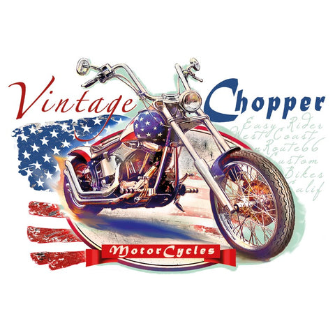 Strijk applicatie van een vintage motor chopper met een tank en achtergrond met de print van de Amerikaanse vlag
