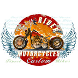 Strijk Applicatie van een motor in een ronde oranje cirkel met aan weerszijde blauwe vleugels en teksten zoals motorcycles en vintage rider