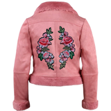 Rozen Bloemen Tak XXL Strijk Embleem Set Roze p de rugzijde van een roze swede jas