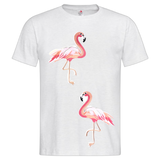 Roze Flamingo XXL Strijk Embleem Patch Rechts Samen met de linker variant op een wit t-shirt