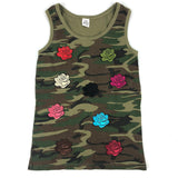 Legergroen camouflage halter hemdje met daarop negen dezelfde roos patches in negen verschillende kleuren