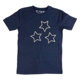 Drie Ster Strijk Embleem Patch Dubbel Strass op een donkerblauw t-shirtje