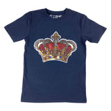 Kroon Van Rood Zwart Goudkleurige Pailletten XXL Strijk Applicatie Patch op een  donkerblauw t-shirtje