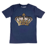 Kroon Van Zilver Zwart En Gouden Pailletten XXL Strijk Applicatie Patch op een donkerblauw t-shirtje