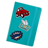 Bam Comic Style Tekstwolk Strijk Embleem Patch Samen met rode kever auto en vliegend dollar briefje strijk patch op de voorzijde van een blauwe agenda