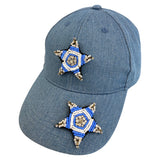 Twee Ster Op Naai Patch Fashion Parts Blauw Wit Strass op een cap van spijkerstof