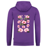 Hibiscus Bloemen Full Color Strijk Applicatie op de achterzijde van een paarse hoodie