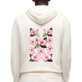 Hibiscus Bloemen Full Color Strijk Applicatie op de rugzijde van een witte hoodie