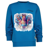 Tijger Kop Art Full Color Strijk Applicatie op een kleine blauwe sweater