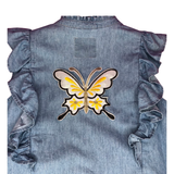 Vlinder XL Strijk Embleem Patch Goud Geel op de rugzijde van een tenue van spijkerstof