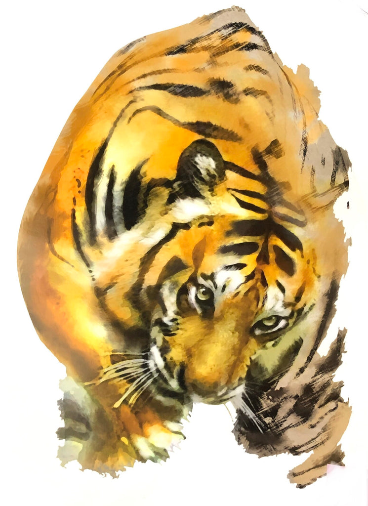 Full-color strijk applicatie van een sluipende tijger die naar beneden kijkt