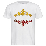 Cosplay Sequins Venetiaans Kant Strijk Applicatie Patch Licht Goud samen met de bordeaux rode variant op een wit t-shirt