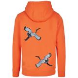 Vogel Kraanvogel XL Strijk Embleem Patch Links samen met de rechter variant op de rugzijde van een oranje hoodie