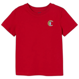 Maan Ster Strijk Embleem Patch op een rood t-shirtje