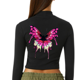 Vlinder Druppelvlinder XXL Strijk Embleem Patch Roze op de rugzijde van een zwarte longsleeve