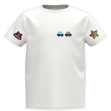 Auto Autootje Strijk Embleem Patch Blauw samen met de rode variant een ufo en ster strijk patch op een klein wit t-shirtje