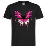 Vlinder Druppelvlinder XXL Strijk Embleem Patch Roze op een zwart t-shirt