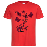 Bloesem Bloemen Vlinder Strijk Embleem Patch Set Bordeaux op een rood t-shirt