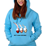 Wijn Glas Wij Gaan Wijnen Full Color Strijk Applicatie Large op een blauwe hoodie