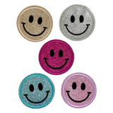 Fuchsia Roze Glitter Smiley Emoji Strijk Embleem Patch samen met vier andere smiley strijk patches