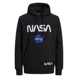 Nasa Embleem Strijk Patch Sterren samen met de zwart gele NASA tekst embleem strijk patch op een zwarte hoodie