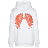 Vleugel Engel Paillette Vleugels XXL Strijk Embleem Patch Set L+R Oranje op de rugzijde van een witte hoodie
