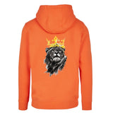 Leeuw Kroon King Leeuwen Kop Met Manen Full Color Strijk Applicatie op de achterkant van een oranje hoodie