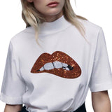 Mond Bijt Op Lip Pailletten Strijk Embleem Patch Oranje op een wit t-shirtje