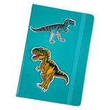 Blauwe T-Rex Tyrannosaurus Dinosaurus Strijk Embleem Patch samen met een andere strijk patch van een Dinosaurus  op een blauwe agenda