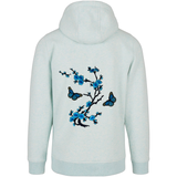 Bloesem Bloemen Vlinder Strijk Embleem Patch Set Blauw op een lichtblauwe hoodie