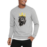 Leeuw Kroon King Leeuwen Kop Met Manen Full Color Strijk Applicatie op een grijze sweater