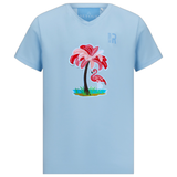 Palmboom Oase Flamingo XL Strijk Embleem Patch op een lichtblauw t-shirt