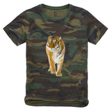 Tijger Indische Strijk Applicatie XL op een t-shirtje met camouflage print
