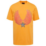 Vleugel Engel Paillette Vleugels XXL Strijk Embleem Patch Set L+R  Oranje samen met een zilverkleurige paillette ster patch op een  oranje geel t-shirt