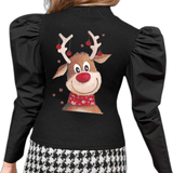 Rendier Rudolph Reindeer Strijk Applicatie achterop een zwarte blouse 