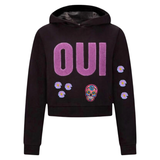 Schedel Sugar Skull Strijk Embleem Patch Neon Roze samen met zes roze bloemetjes strijk patches op een hoodie met OUI tekst