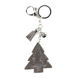 Zilverkleurige sleutelhanger ring, clip, balletje en kwastje met een hanger van een dennenboom die aan de voorzijde bedekt is met taupe kleurige Crystal steentjes 