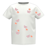 zeven maal de Bloem Bloemetje Strijk Embleem Patch Roze samen met zeven kleine vlinder strijk patches op een wit t-shirtje