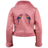Papegaai Strijk Embleem Patch Set L+R op de rugzijde van een roze suède jas