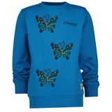 drie maal de Vlinder Strijk Embleem Patch Artistiek Blauw Large op een blauwe sweater