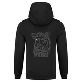 Zwijn Varken Wild Tekst Strass Strijk Applicatie op de rugzijde van een zwarte hoodie