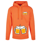 Bier Bierglas Bierpull Schuimkraag Full Color Strijk Applicatie Large samen met de kleinere variant op een oranje hoodie