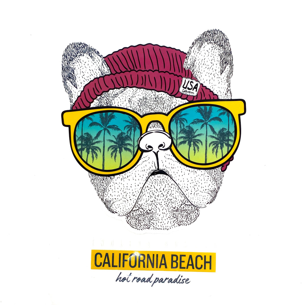 Bull Dog California Beach Full Color Strijk Applicatie door de witte achtergrond valt de witte tekst weg