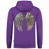 Vleugel Engel Vleugels Paillette XXL Strijk Embleem Patch Set L+R Zilver op de achterzijde van een paarse hoodie