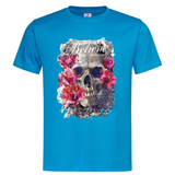 Skull Doodshoofd Rozen Strijk Applicatie Believe In Yourself op een blauw t-shirt