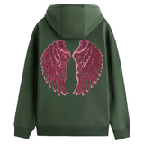 Vleugel Engel Paillette Vleugels XXL Strijk Embleem Patch Set Rood op de rugzijde van een groene hoodie
